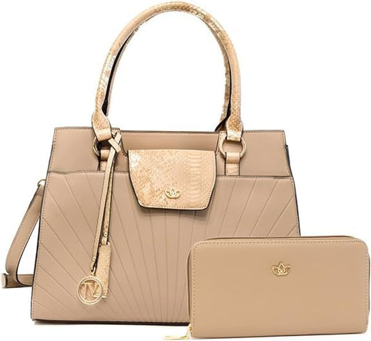 Women's Handbag with Matching Wallet, Vegan Leather, Top Handle Satchel, Removable Shoulder Strap, Zipper Closure