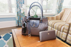 Women's Handbag with Matching Wallet, Vegan Leather, Top Handle Satchel, Removable Shoulder Strap, Zipper Closure - Gray