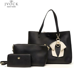 Women's Faux Leather Handbag Set, 3 Pieces, Tote Bag, Crossbody Bag & Wallet | Fashion Top Purses & Handbags - Black